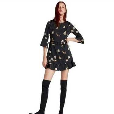 Zara Black & Yellow Floral & Bird Print Ruffled Mi