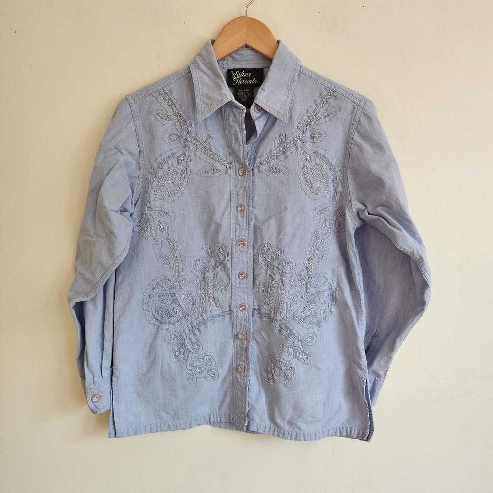 Vtg 90s Silver Threads Shirt Womens Sm Blue Denim… - image 2