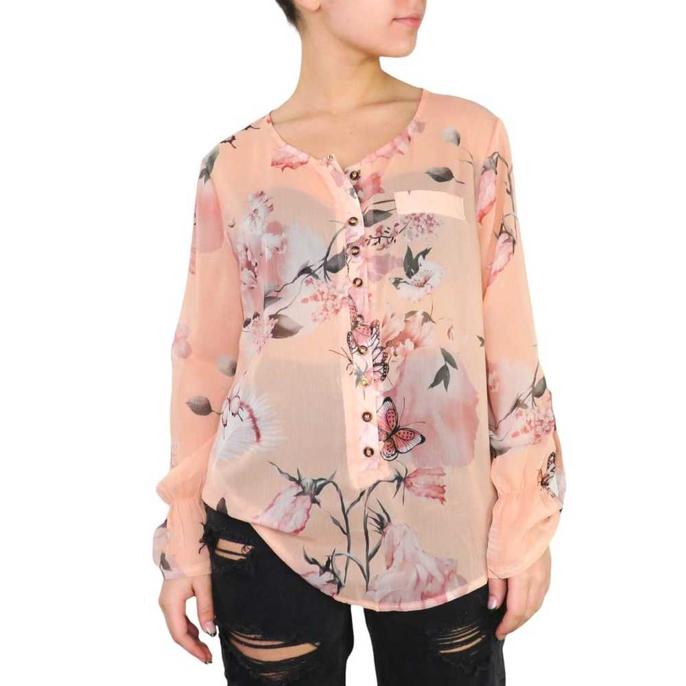 Y2k Pink Sheer Butterfly Blouse Medium Balletcore… - image 1