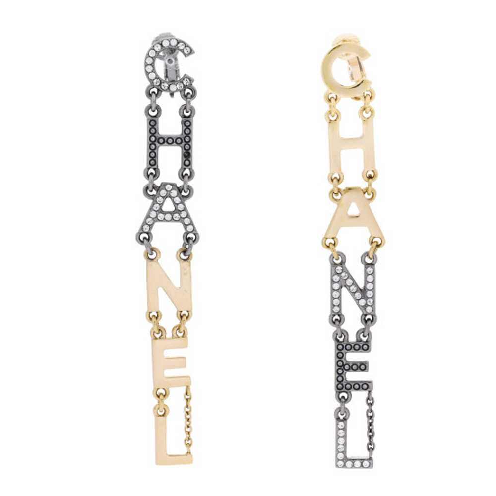 CHANEL Crystal Cha-Nel Logo Drop Clip On Earrings… - image 1