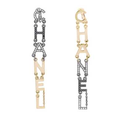 CHANEL Crystal Cha-Nel Logo Drop Clip On Earrings… - image 1