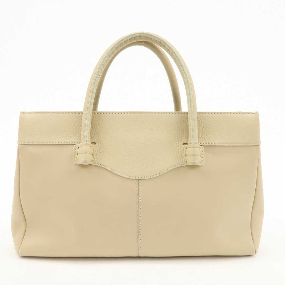 TOD'S Logo Leather Tote Bag Hand Bag Beige Cream - image 2