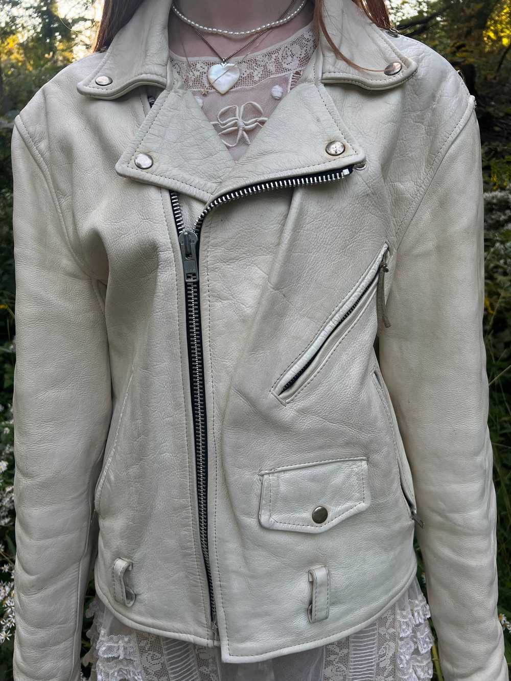 1990s White Leather Jacket Motorcycle Moto Coat - image 2