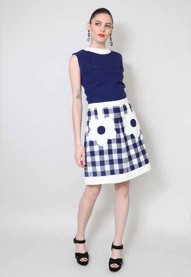 60's Vintage Ladies Dress Blue Linen White Check … - image 1