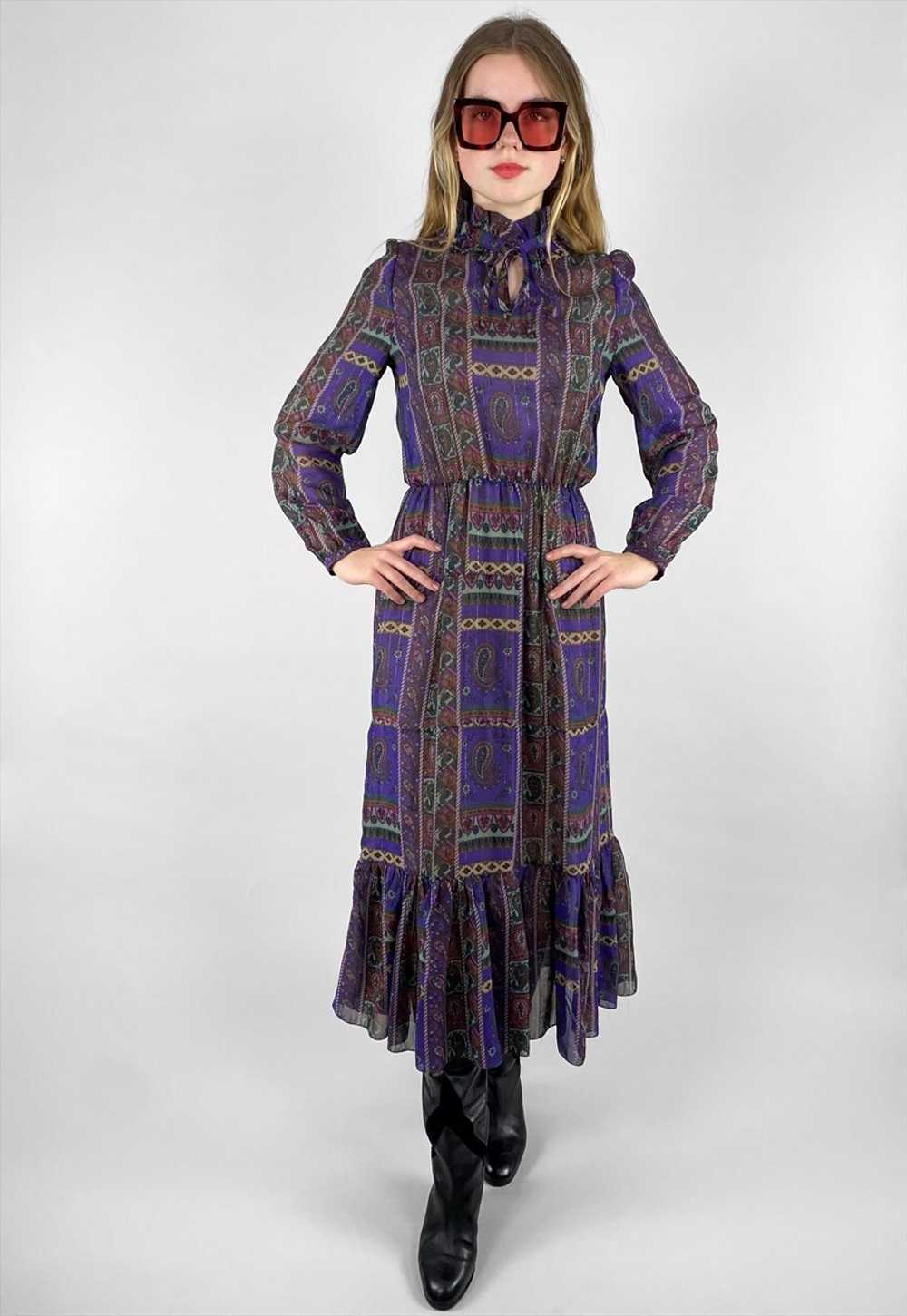 70's Vintage Purple Paisley Sheer Ruffle Lurex Mi… - image 1