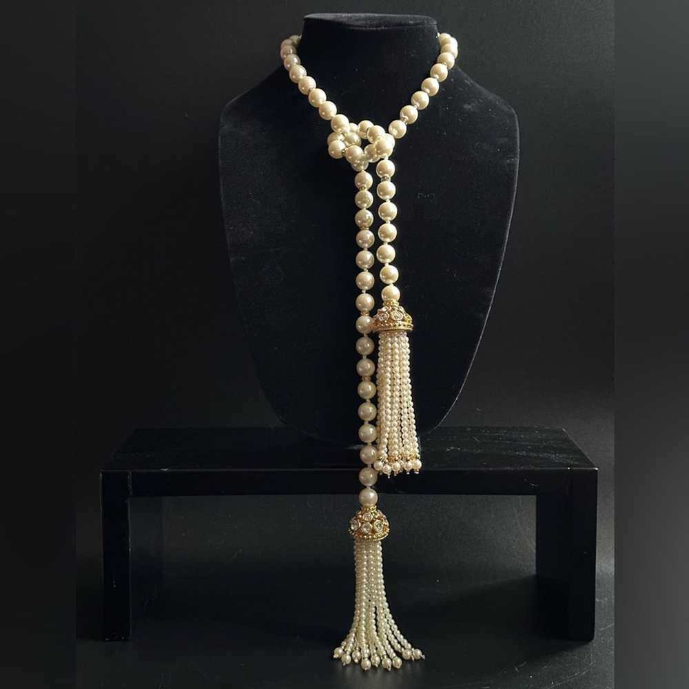 Brand Vintage Large Pearl & Rhinestone Lariat - image 2