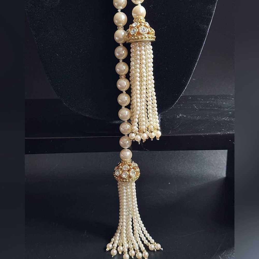 Brand Vintage Large Pearl & Rhinestone Lariat - image 3