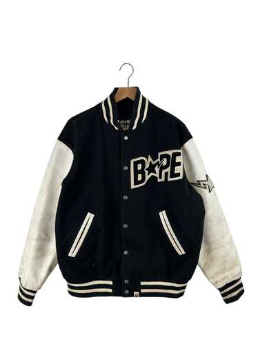 Bape Bape Star Leather Sleeve Stadium Jacket