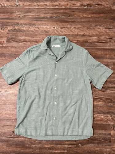 Zara Linen Short Sleeve Button Down Shirt Camp Col