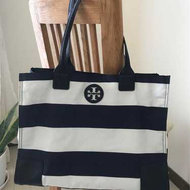 Tory Burch tote bag with white and navy stripes