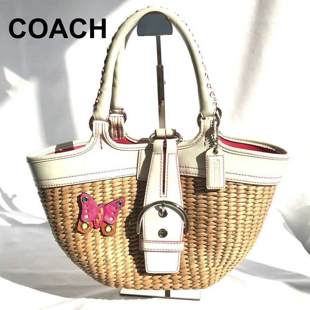 COACH basket bag leather raffia butterfly beige w… - image 1