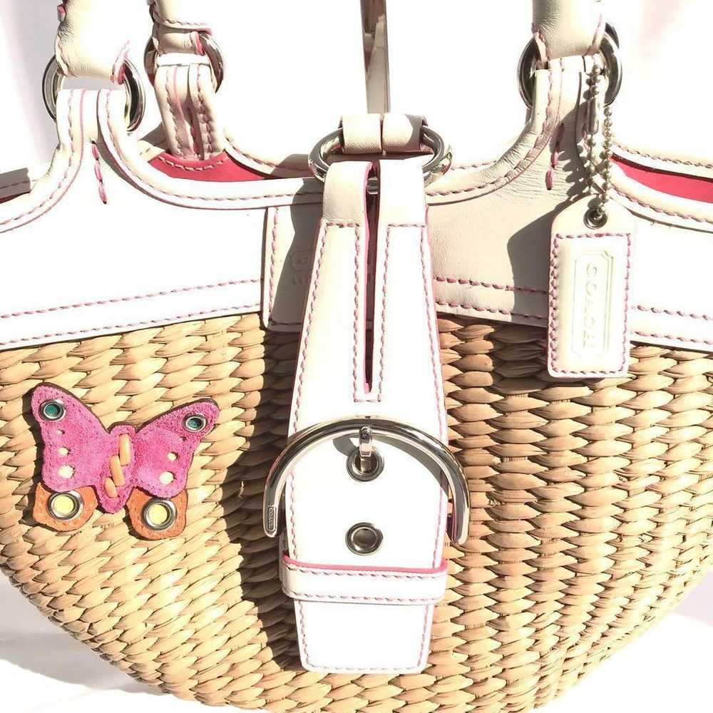 COACH basket bag leather raffia butterfly beige w… - image 2