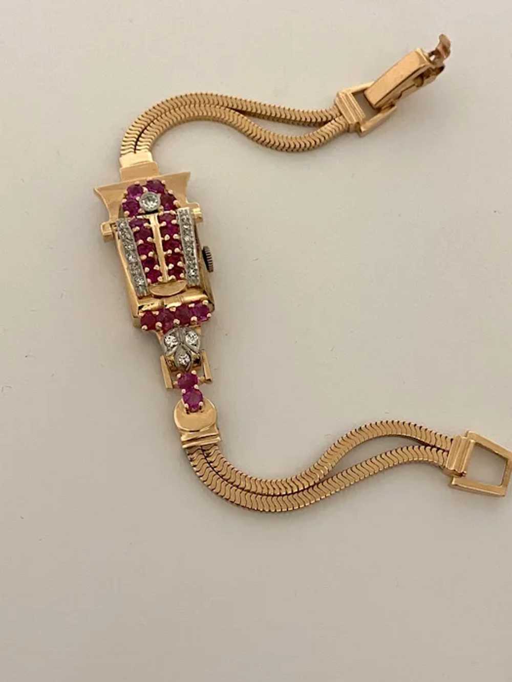 Retro 14 Karat Rose Gold Ruby& Diamond Watch - image 3