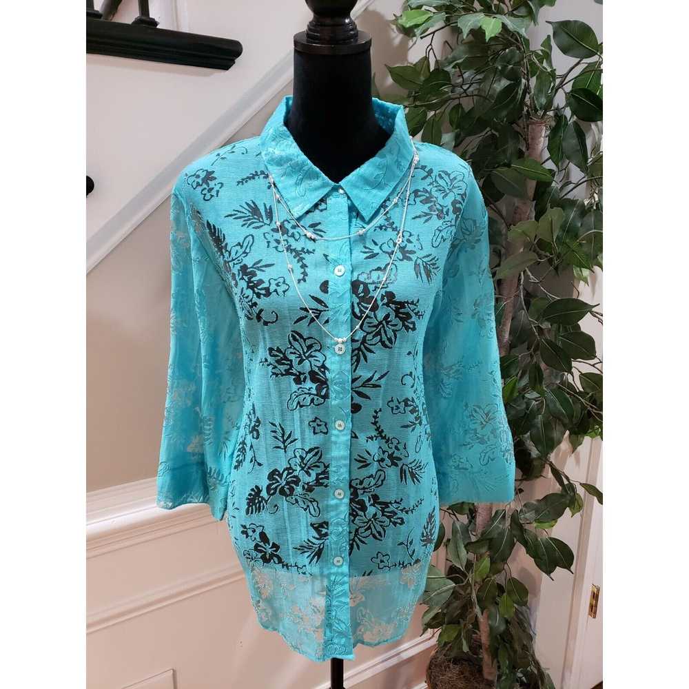 Other Salon Studio Sheer Blue Floral Rayon Button… - image 1