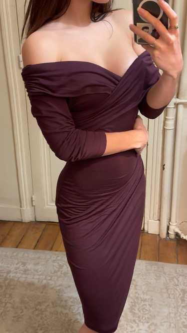 Vintage burgundy Bardot dress by Bruce Oldfield (s