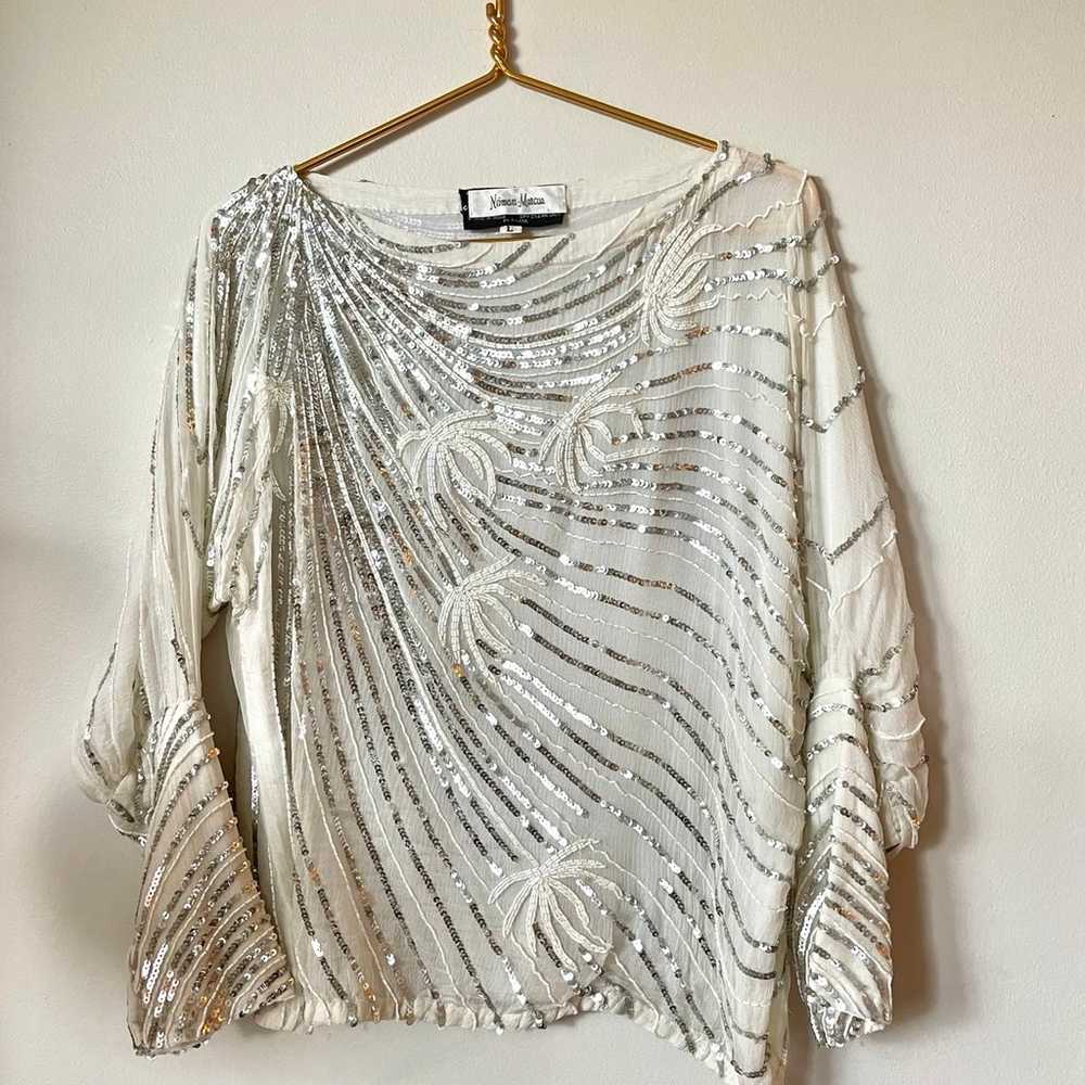 Vintage Neiman Marcus White Silver and Sequin Lon… - image 1