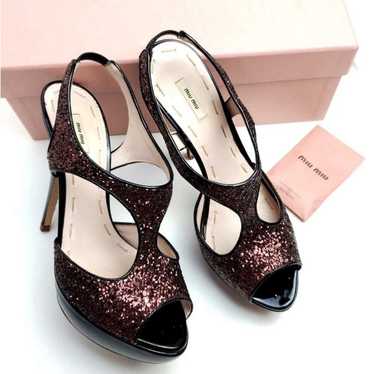 Miu Miu Patent Leather Glitter Platform Heeled San