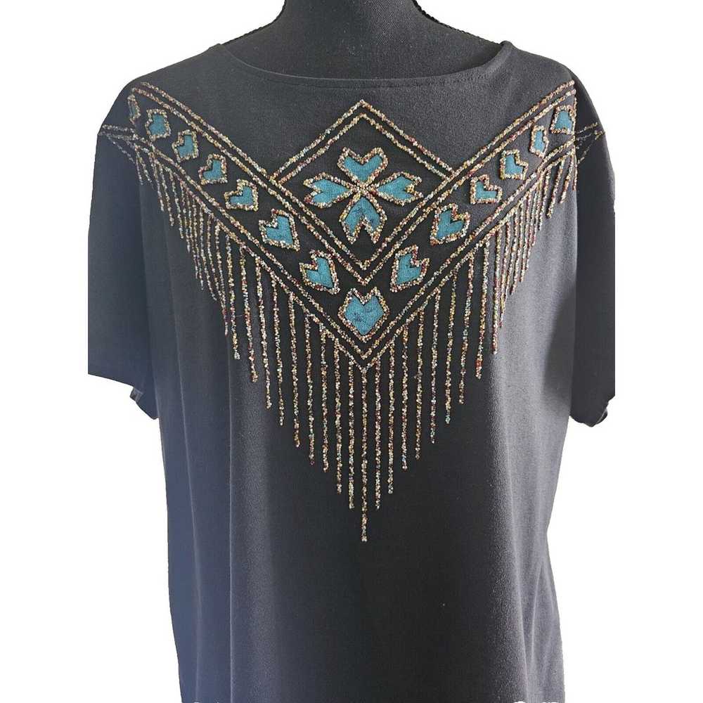 Vintage Dary Lue Tribal Beaded Women Black T-Shir… - image 1