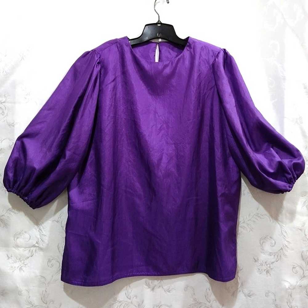 Vintage 80s Puff Sleeve Popover Top 2X Silky Purp… - image 1