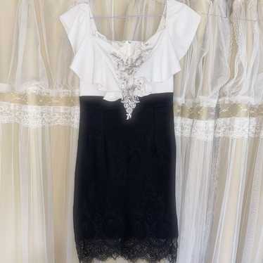 White and black frilled tight dress with rhineston