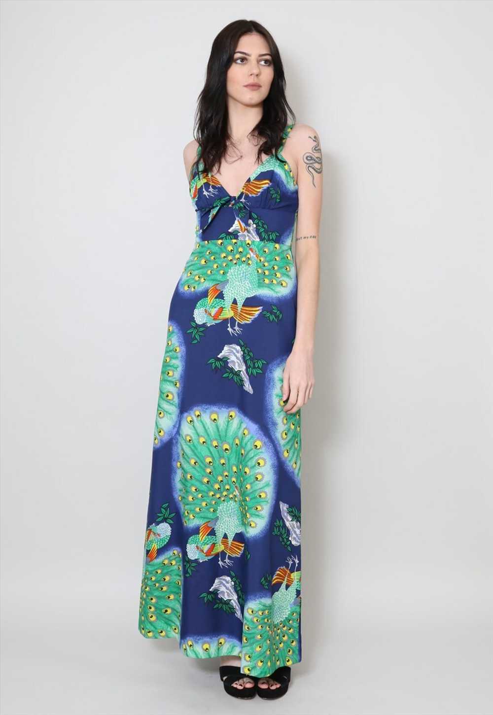 70's Vintage Dress Blue Green Peacock Print Slip … - image 1