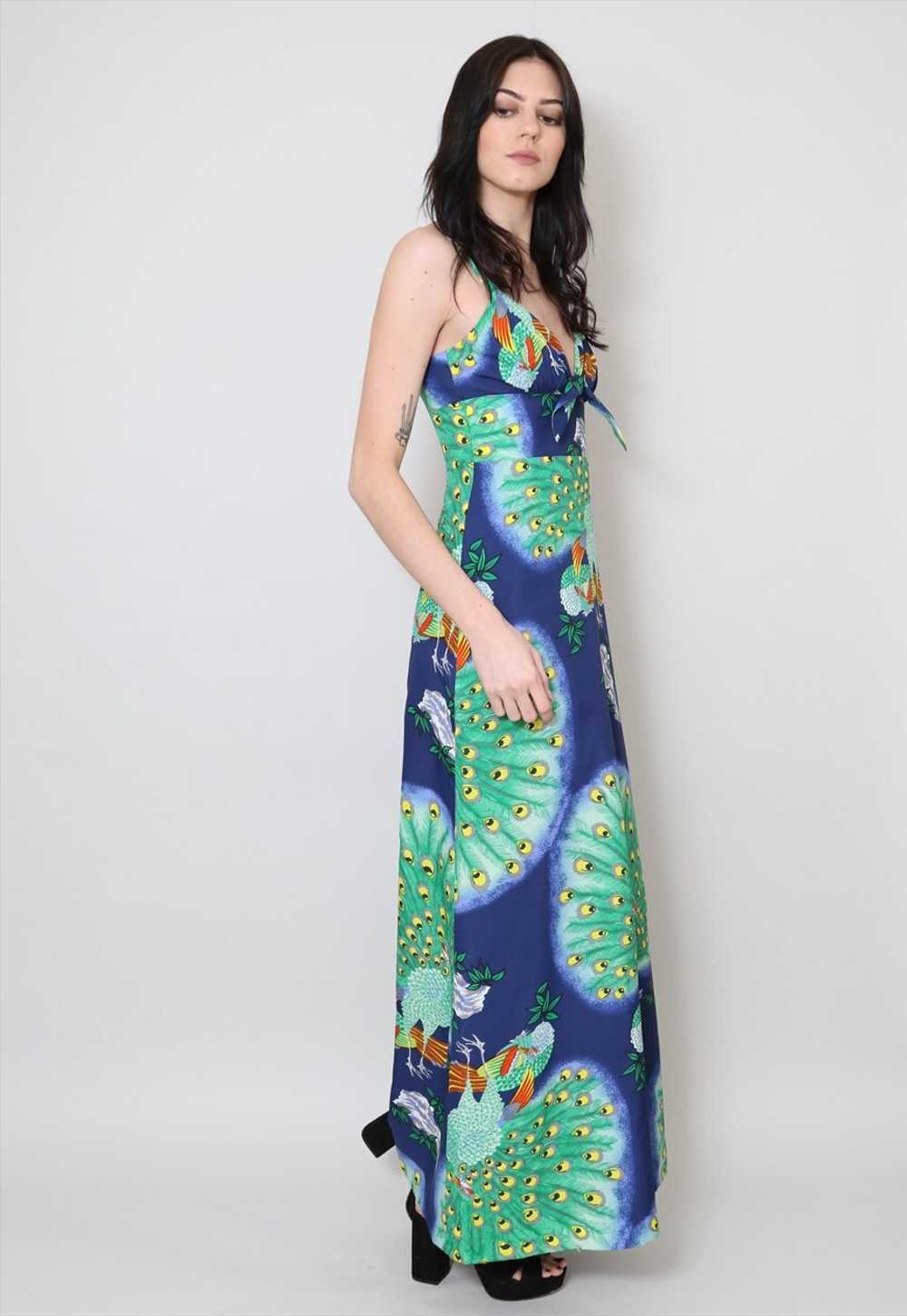 70's Vintage Dress Blue Green Peacock Print Slip … - image 2