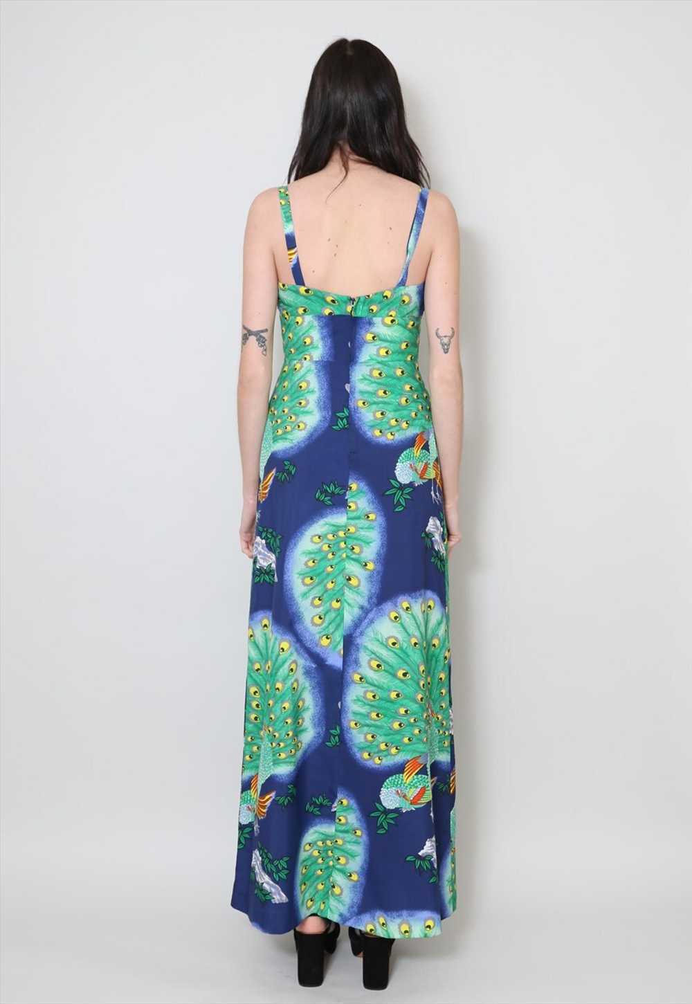 70's Vintage Dress Blue Green Peacock Print Slip … - image 3