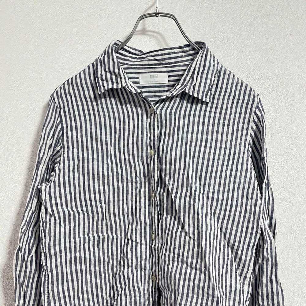 Uniqlo [M] Linen Shirt Stripe Blue Linen 100% Nat… - image 3