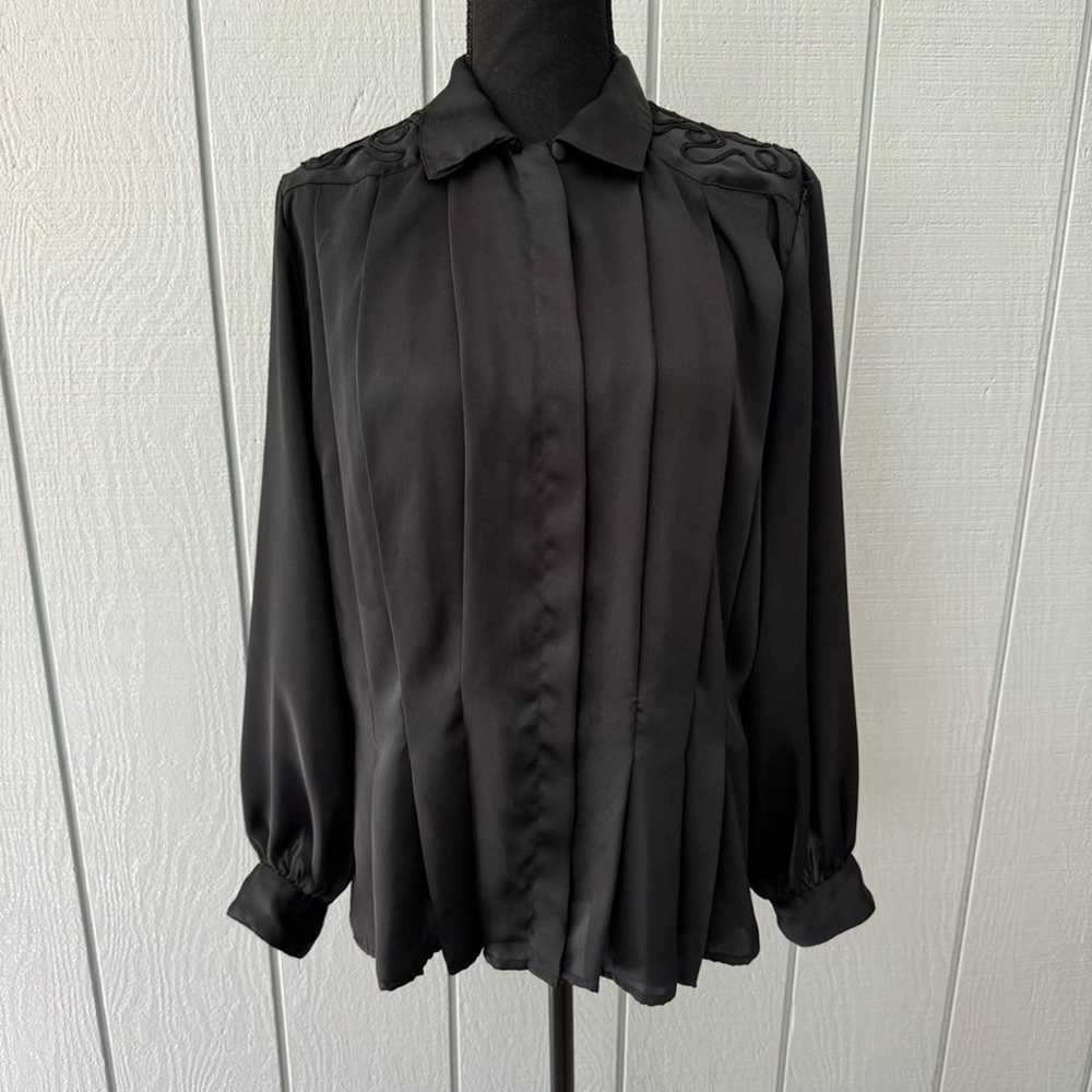 Vintage Tess Black Pleated Button Down Blouse ~ 10 - image 1