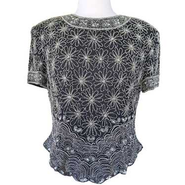 Papell Boutique Black & Silver Beaded Short Sleev… - image 1