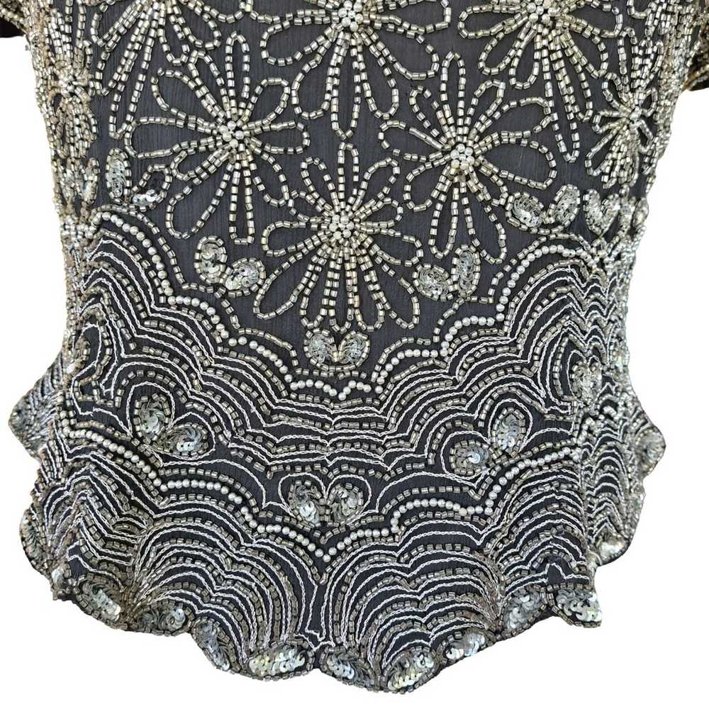 Papell Boutique Black & Silver Beaded Short Sleev… - image 9