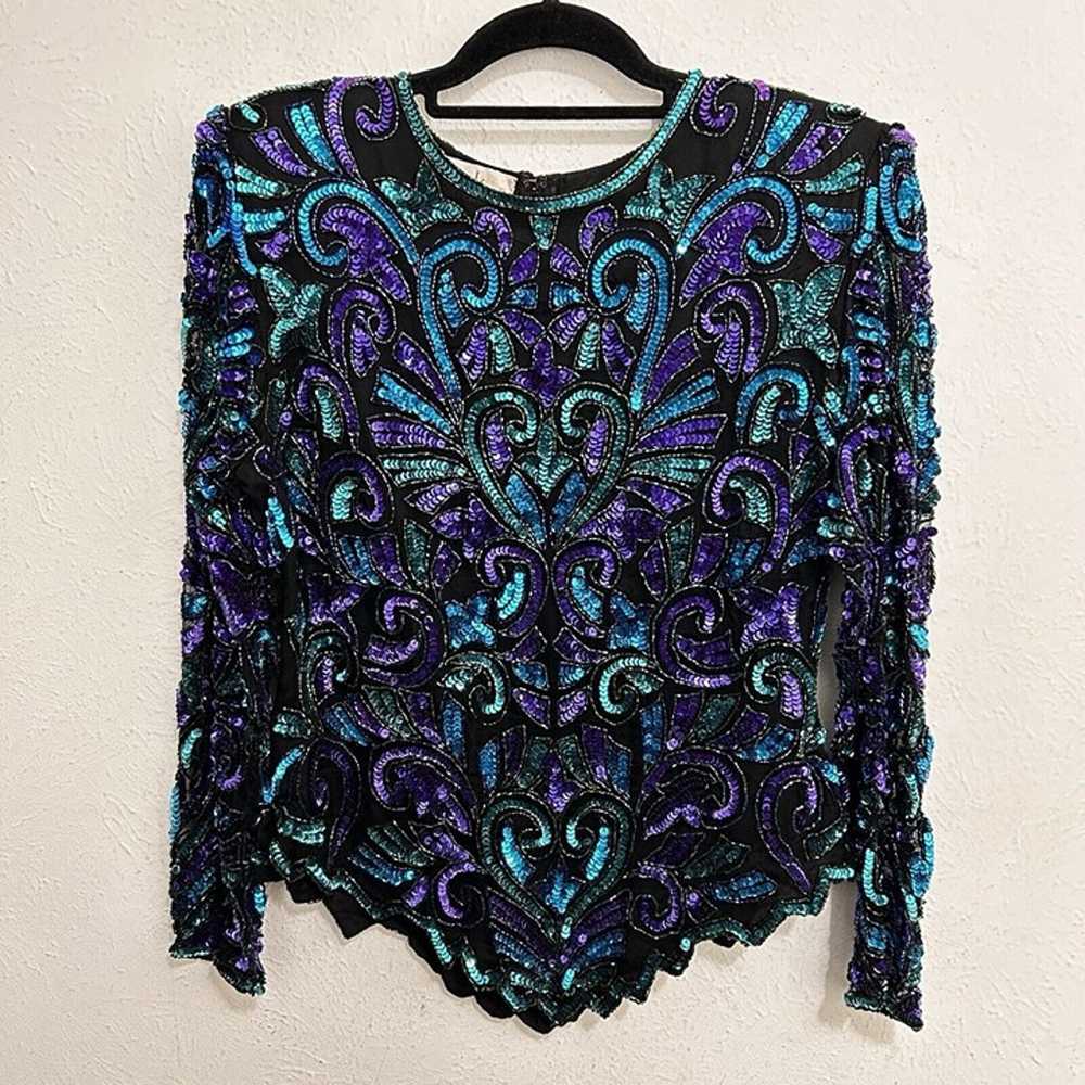 Sequin Top Black Blue Green Laurence Kazar Glam E… - image 1