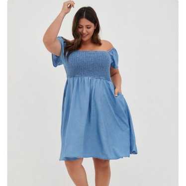 Torrid Blue Chambray Off-Shoulder Smocked Skater D