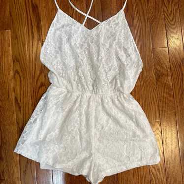 Honey Punch white lace open back romper