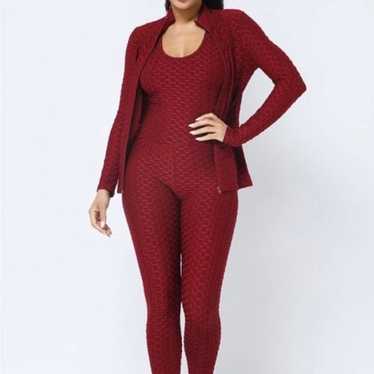 Burgundy Racerback Honeycomb Jumpsuit with Jacket