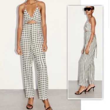 Zara black and white gingham cutout jumpsuit Sz S - image 1