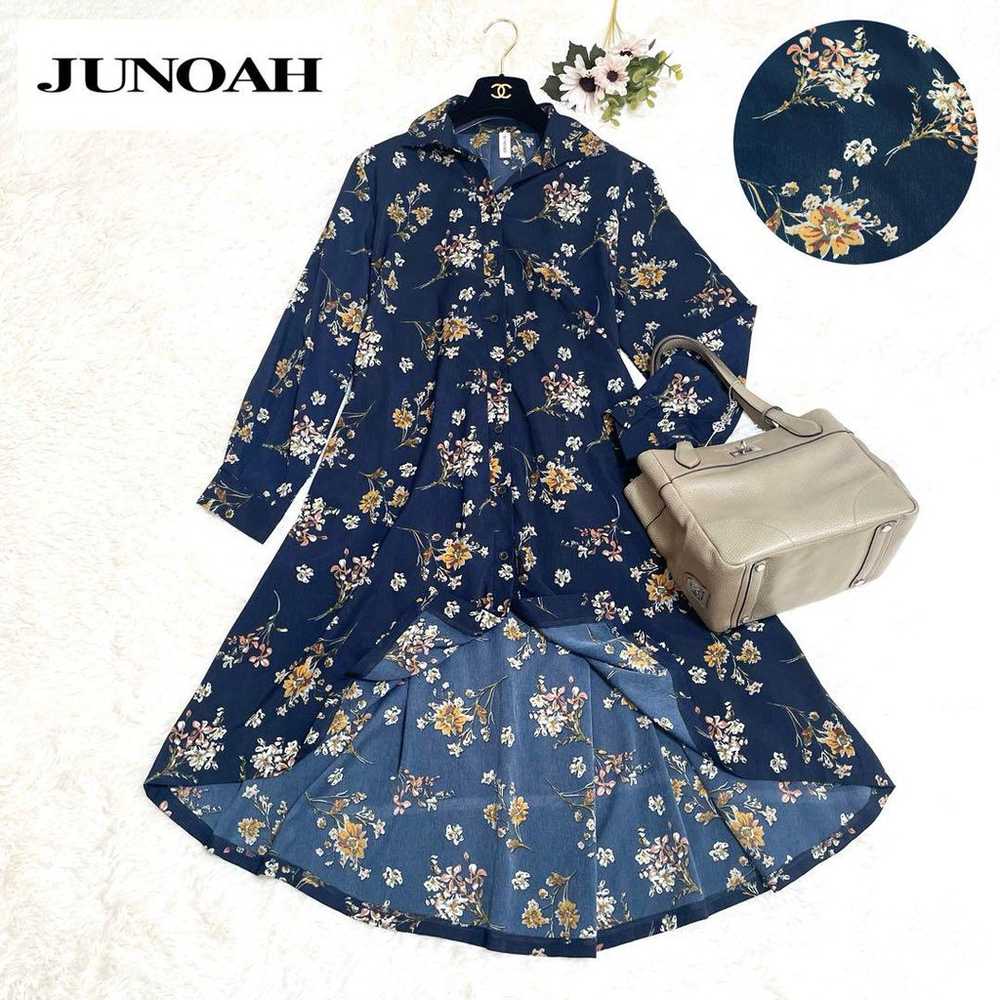 JUNOAH Floral Pattern Shirt Dress Navy Long Sleev… - image 1