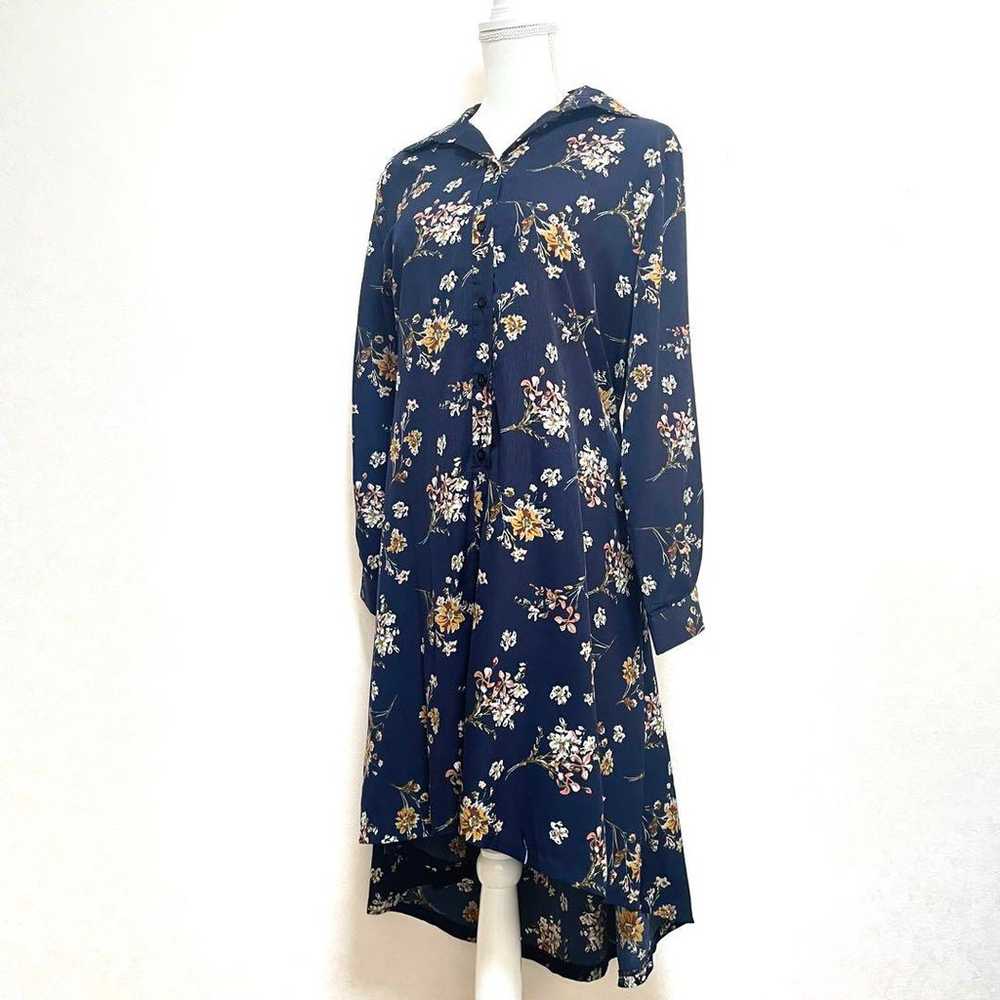 JUNOAH Floral Pattern Shirt Dress Navy Long Sleev… - image 3