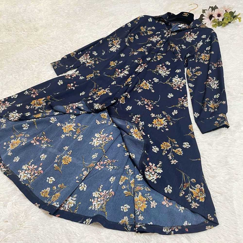 JUNOAH Floral Pattern Shirt Dress Navy Long Sleev… - image 6