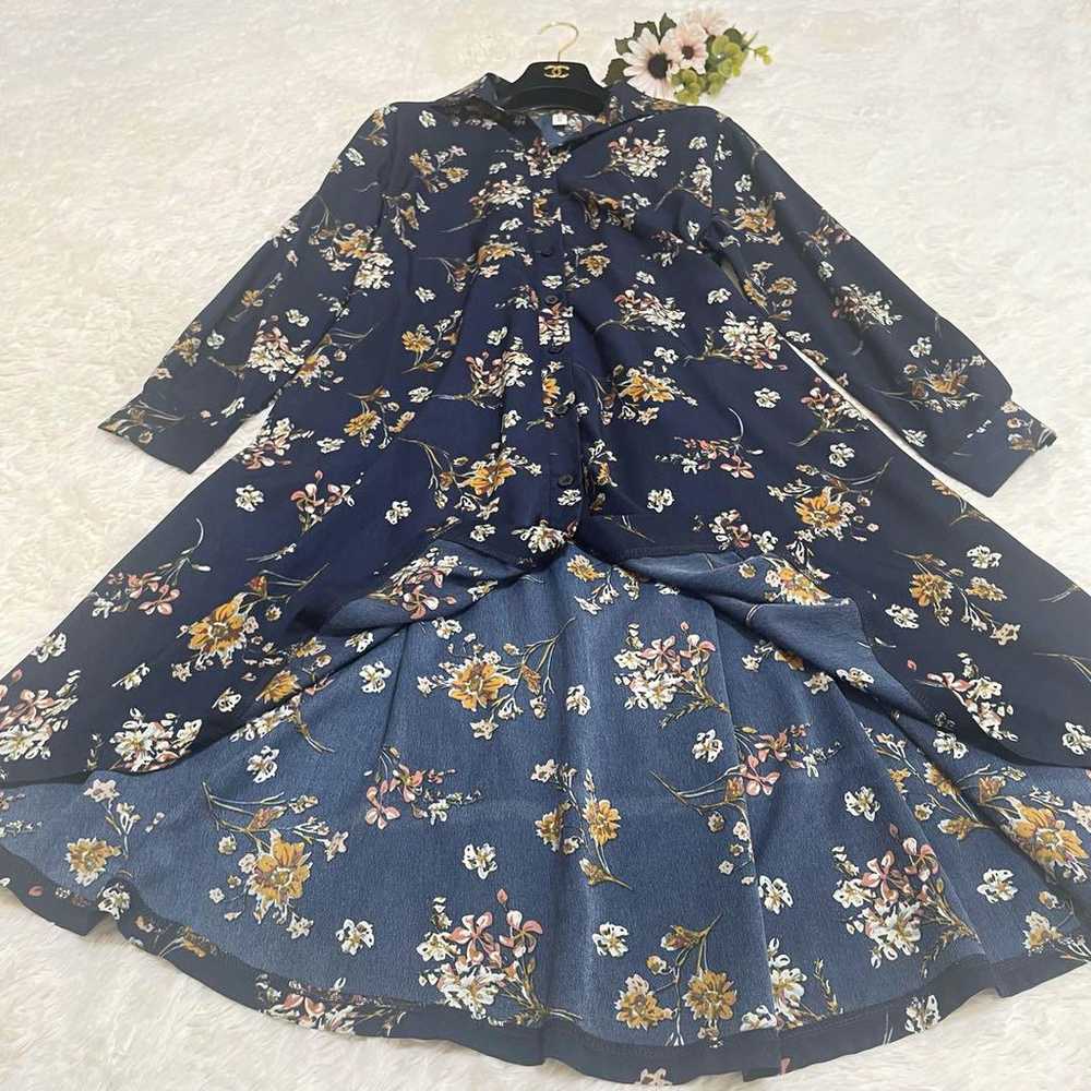 JUNOAH Floral Pattern Shirt Dress Navy Long Sleev… - image 8