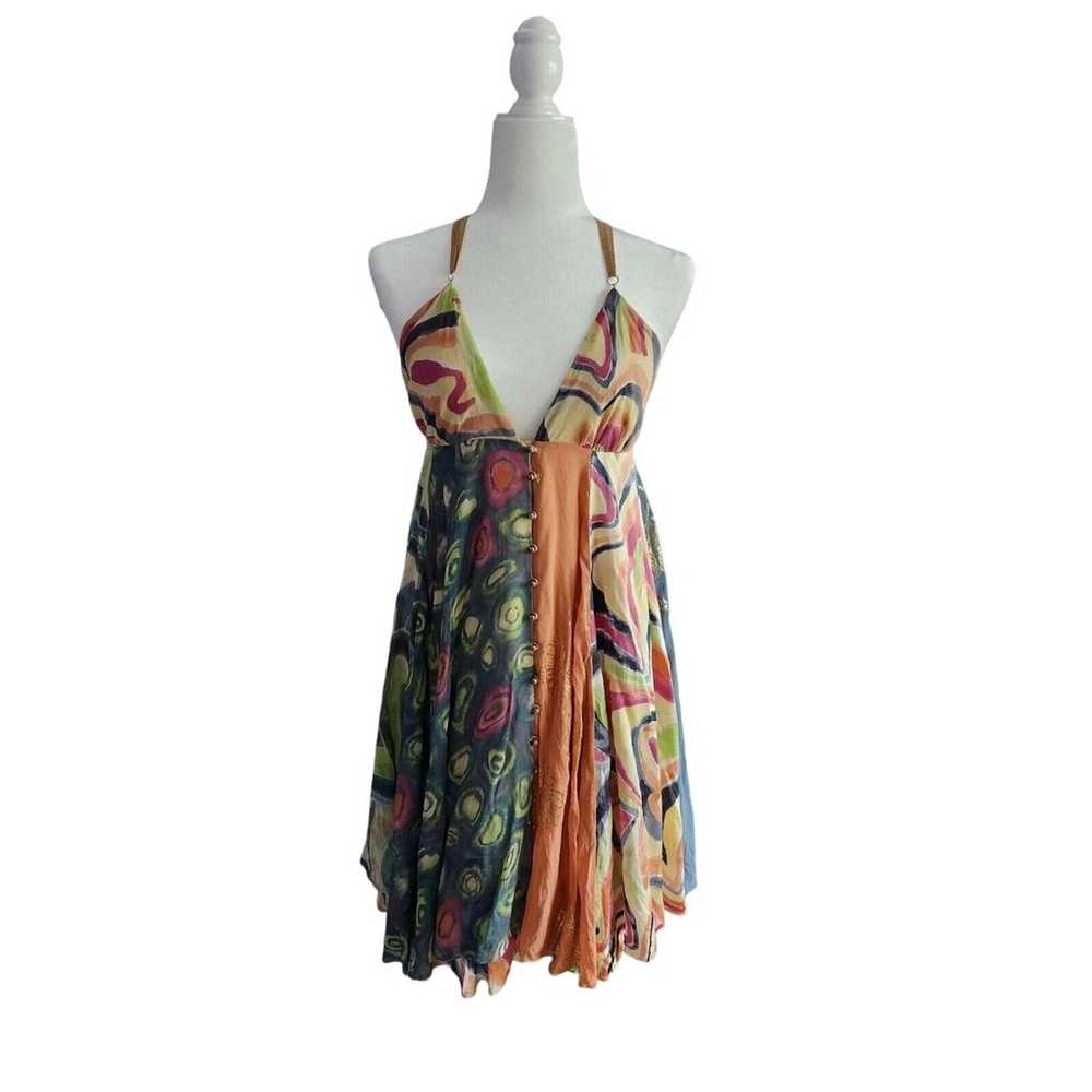 La Rok Multi Colored Silk Open Back Bohemian Dres… - image 1