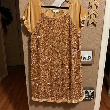 Umgee Camel Sequins Velvet Dress Ruffled Sleeves W