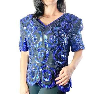 Stenay Vintage Sequin Beaded Blue Blouse Large