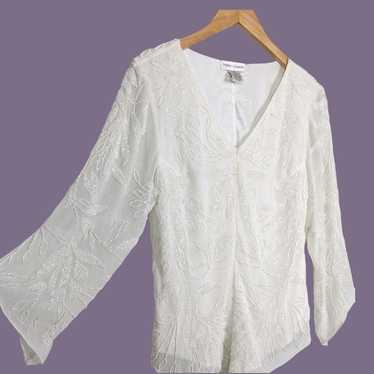 Chiffon Beaded Top Floral Fairy Off-White Cream B… - image 1