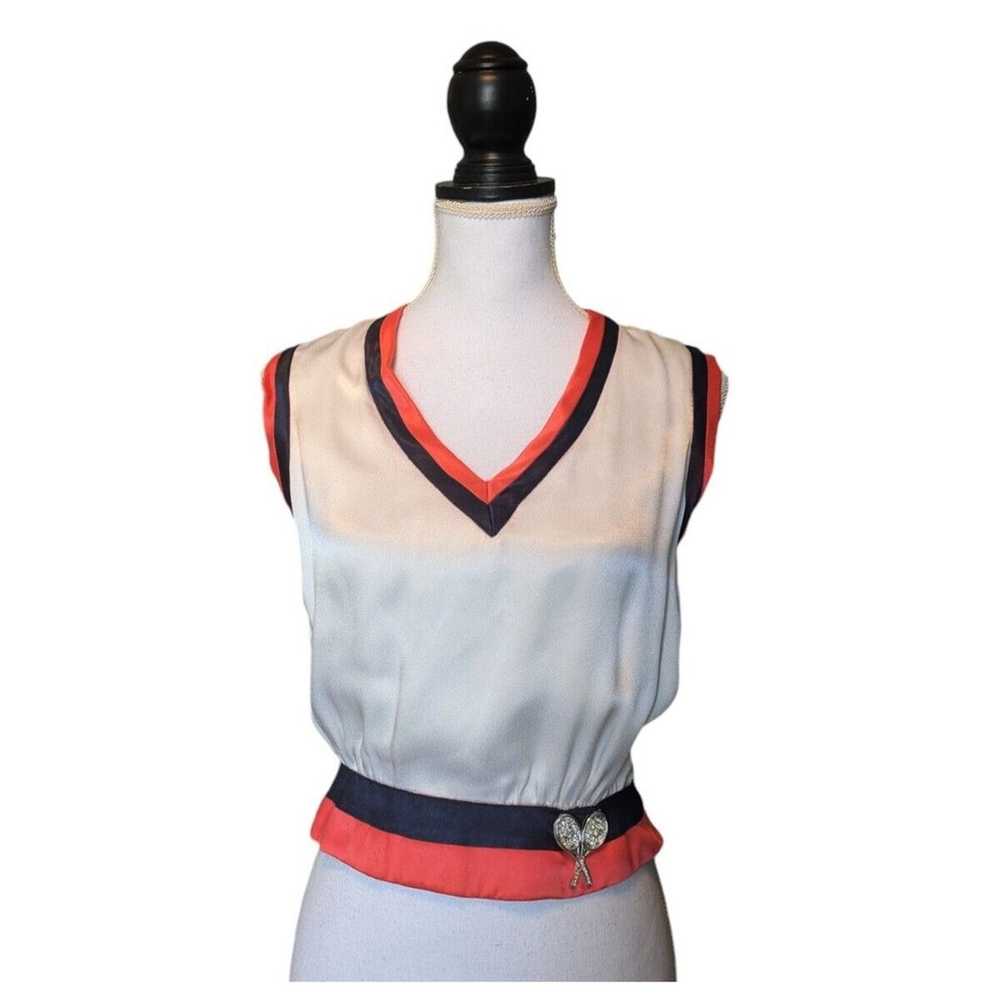 Vintage Satin Off White Orange Navy Blue Tennis V… - image 1