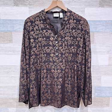 Chicos Silk Foil Floral Print Blouse Brown Sheer P