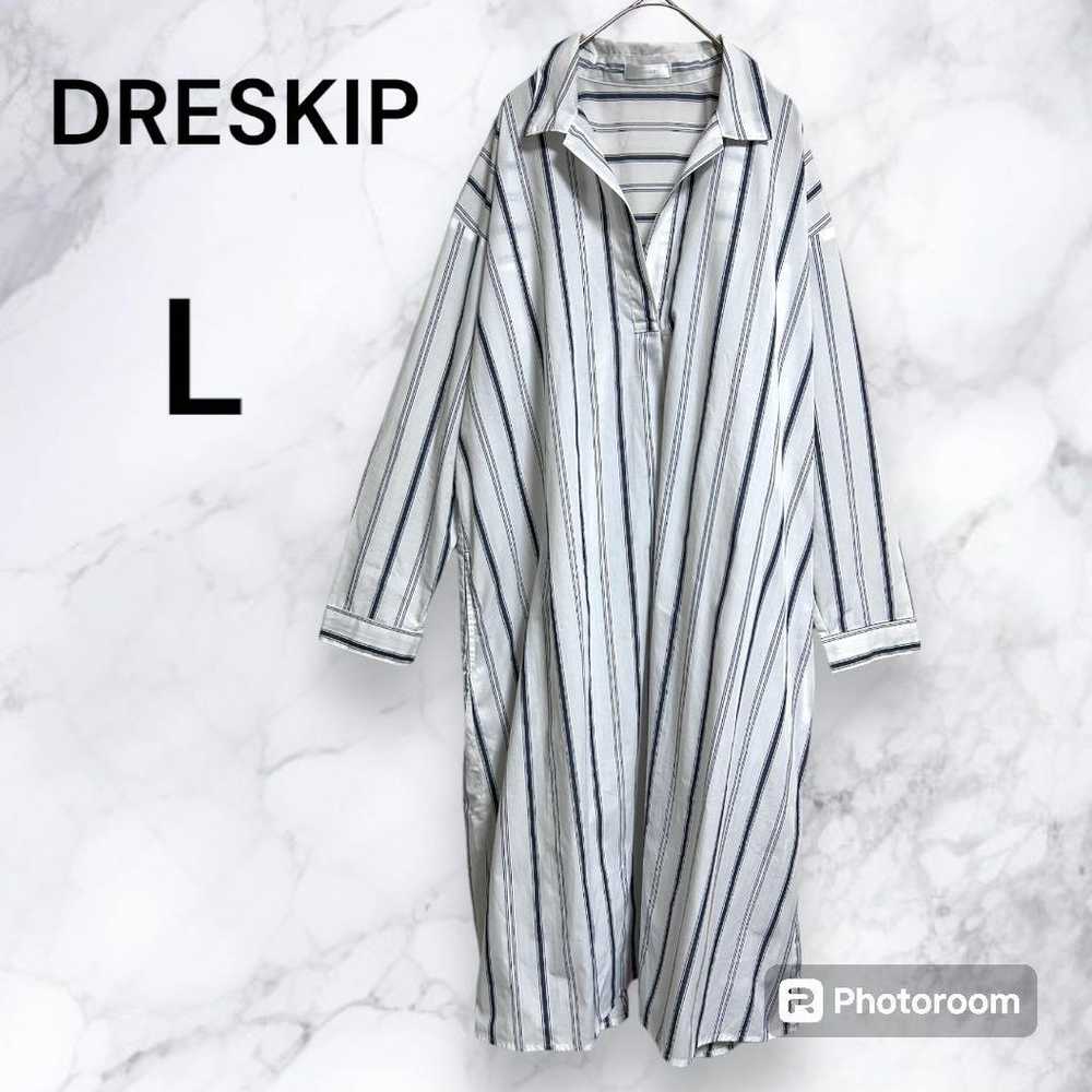 【379】DRESKIP Shirt Dress Stripe V-Neck White L - image 1