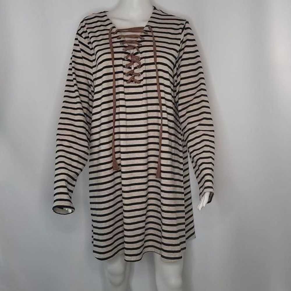 Umgee Tan & Black Stripe Tassel Front Tie Dress - image 1