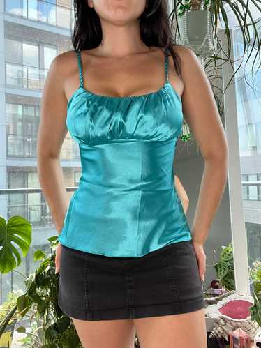 2000s Vintage Aqua Blue Satin Blouse by Byer Calif