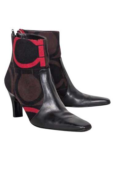 Ferragamo - Black Leather w/ Brown & Red Print Det